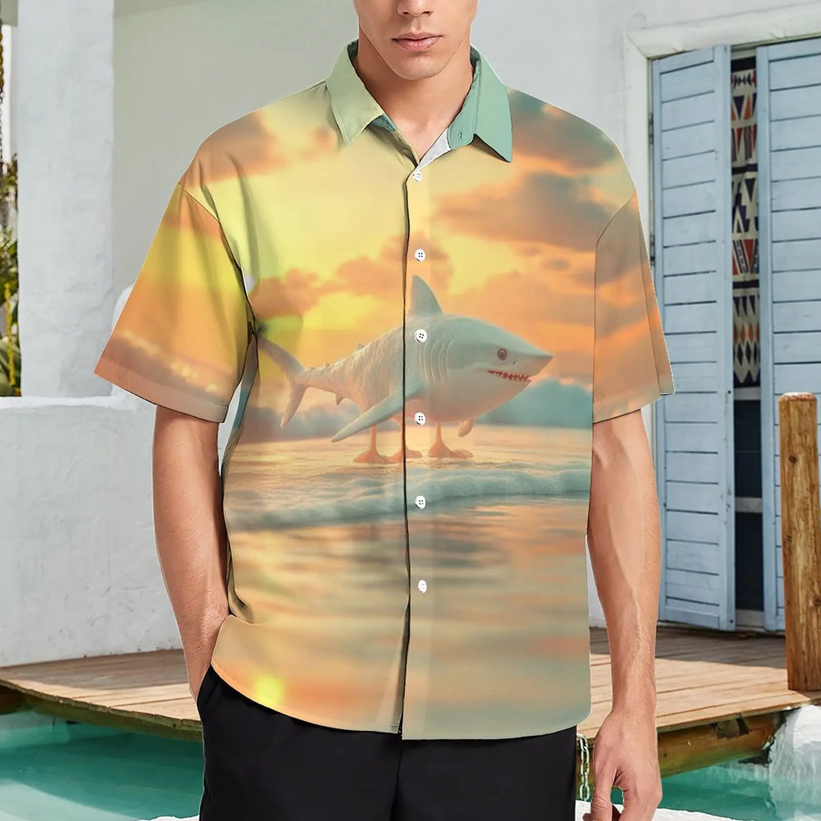 Summer Men's Hawaiian Short Sleeve Shirts Dolphin Shark Seagull Printed Loose Oversized Strange Animal Picture Casual Clothing