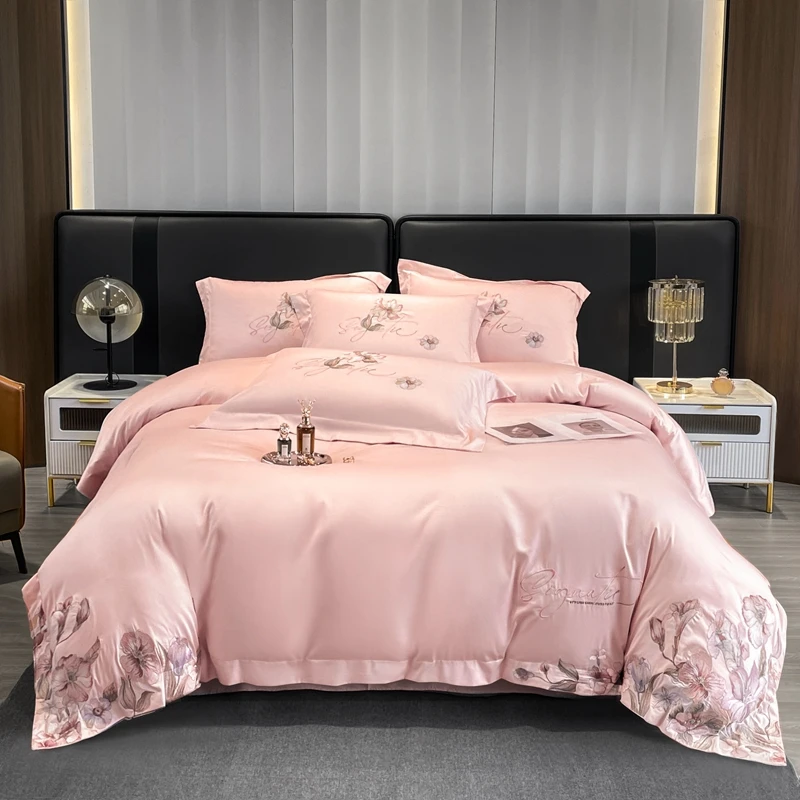 Pink Embroidered Cotton Bedding Set Duvet Cover Linen Fitted Sheet Pillowcases Home Textile