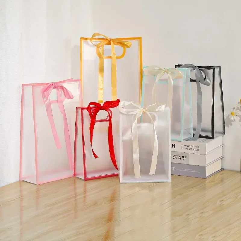 12pcs Colorful Ribbon Transparent Gift Bag PP Handbag for Wedding Birthday Baby Shower Party Favors Cosmetics Plastic Pack Bags