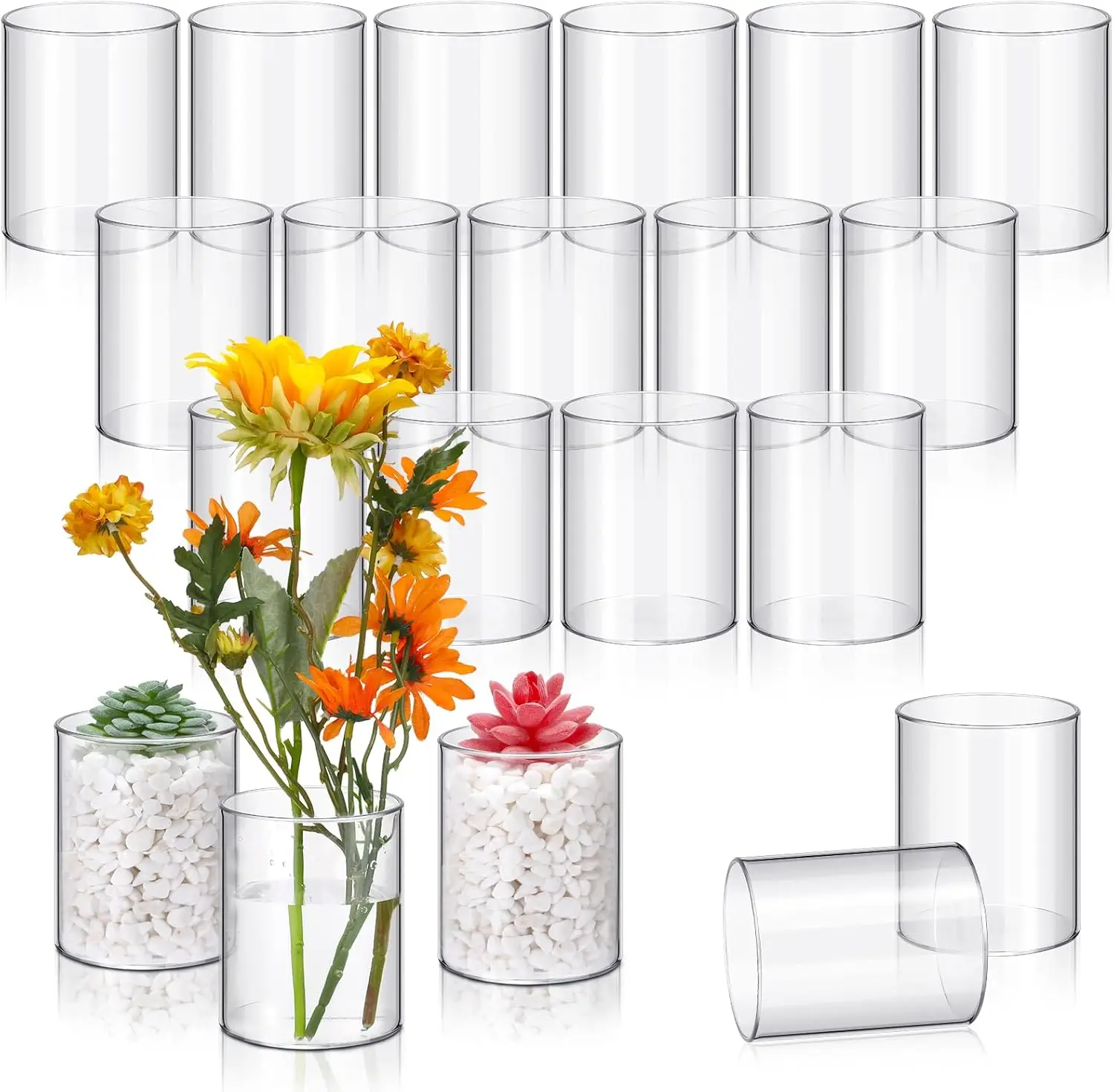 

Vesici 20 Pcs Plastic Cylinder Vase 4 Inch Acrylic Cylinder Vase Bulk Small Clear Flower Vase Hurricane Candle Holder Round