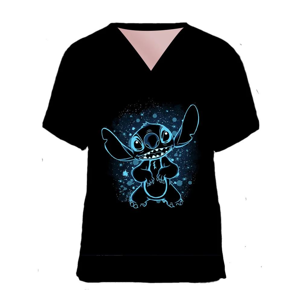 

Summer Disney Stitch T Shirts Women's Pocket Long Tee Girls Short Sleeve Hospital Wear V Neck Nurse Uniform T-shirt Cartoon Top