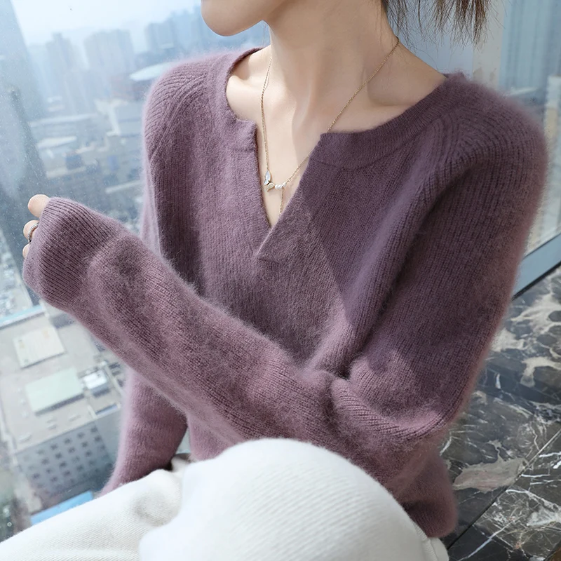 Women\'s 100% mink cashmere Sweater, V-neck Pullover, Solid Color Knitted, Full Sleeve, New Product, Fashion O-neck sweater