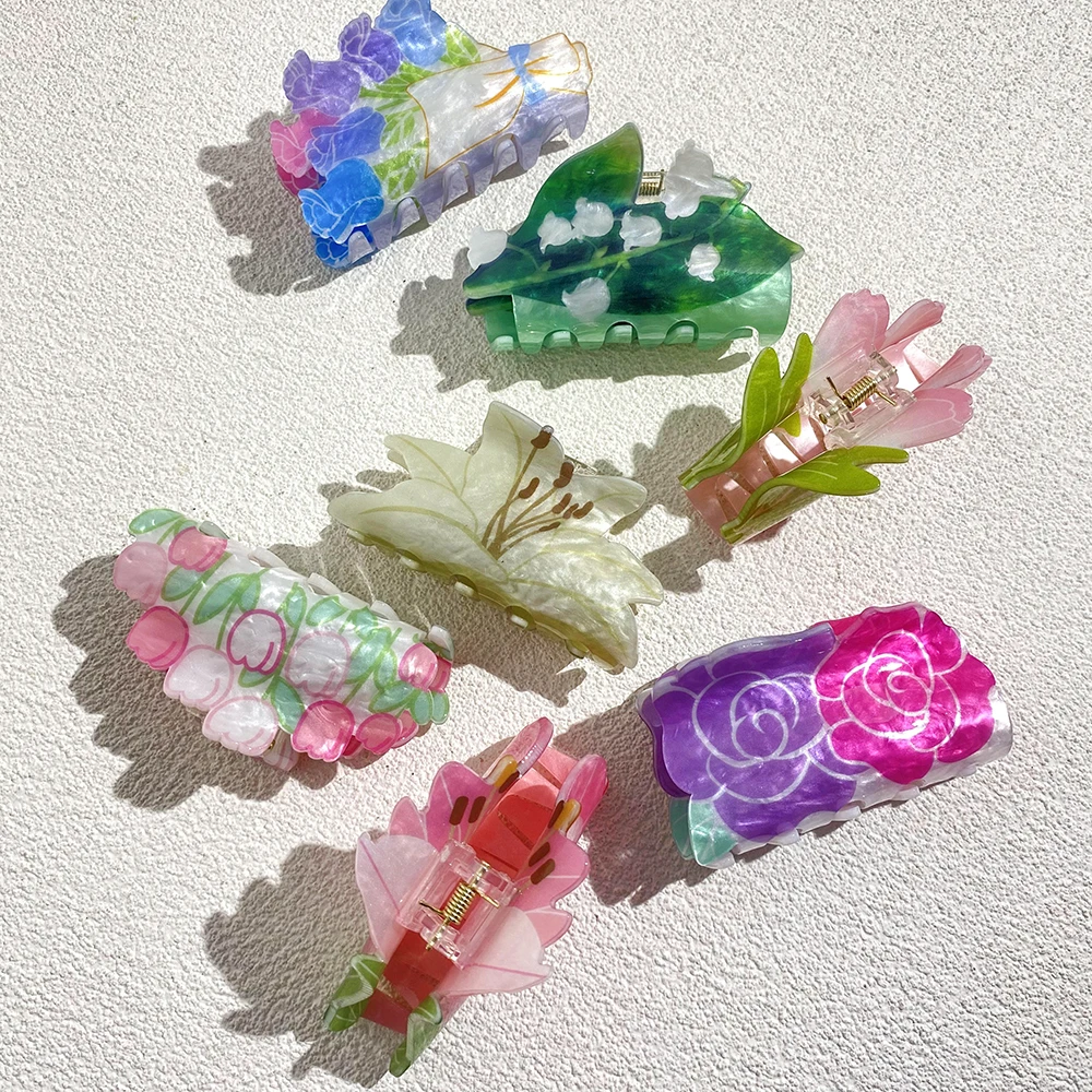 Sweet Acrylic Double Sided Flower Printed Hair Claw Clip For Women Oversize Geometric Shark Hairpin Headwear Hair Accessories