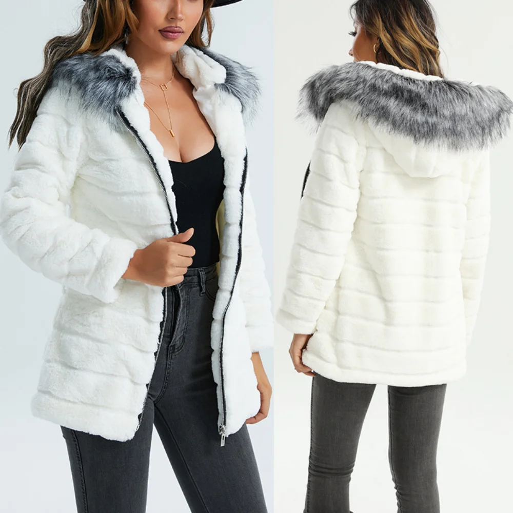 Ueteey 2022 Winter New Fashion Imitation Fur Jacket Medium Long Hood Connecting Thick Imitation Fur Slim Women's Jacket