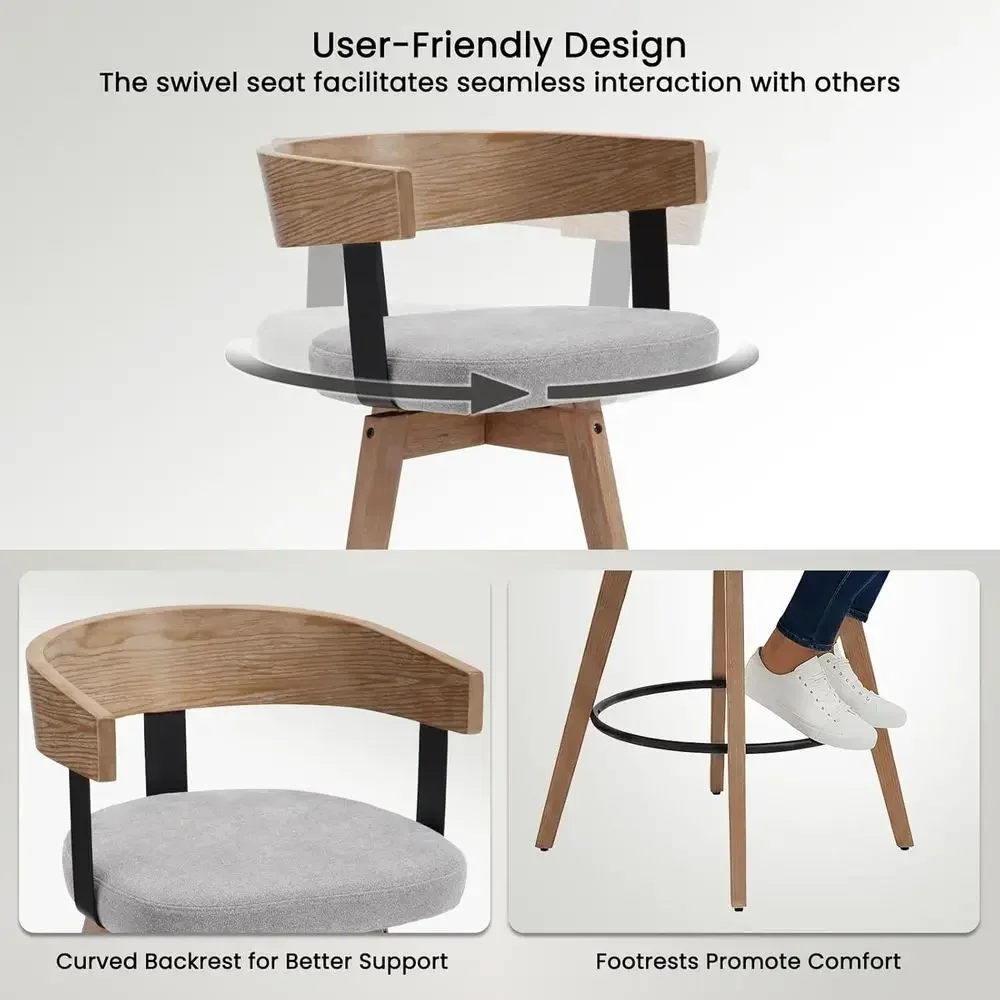 Set of 2, 26 Grey Linen-Upholstered Counter Height Bar Stools with Wooden Backrests for Kitchen Island or Home Bar - view 4