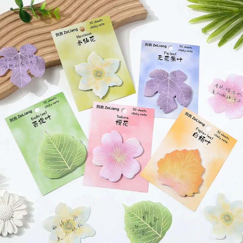 30 Blatt Haftnotizen mit Blättern und Blumen, niedliche simulierte Blätter, Notizblöcke, kreativer Notizblock, klebriges Papier, Kawaii-Briefpapier