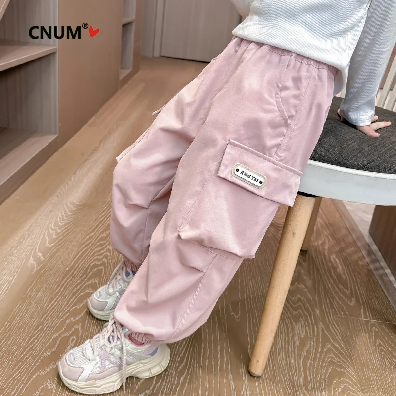 CNUM Toddlers Spring Trendy Brand Large Pocket Children's Cargo Pants, Pink Loose Fit Casual Bottoms for Baby Girls