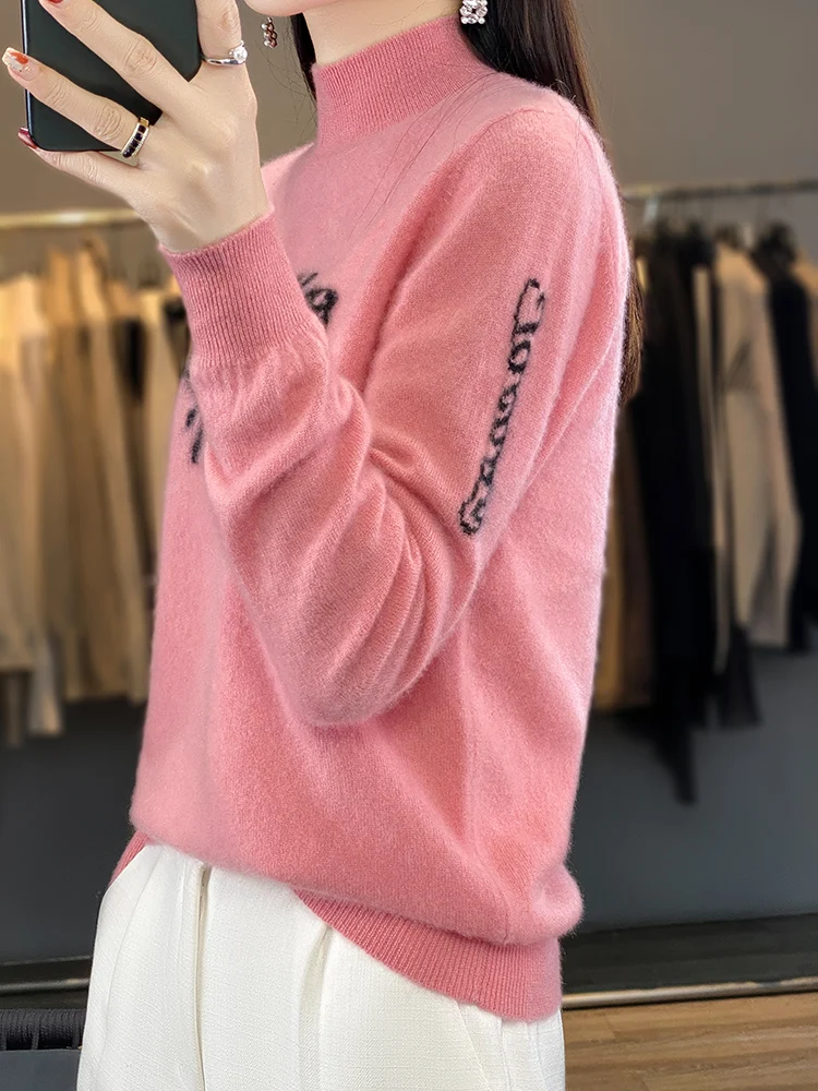 Addonee Spring Autumn Mock Neck Color Matching Design 100% Merino Wool Knitted Women Comfortable Sweater 2024 New Fashion