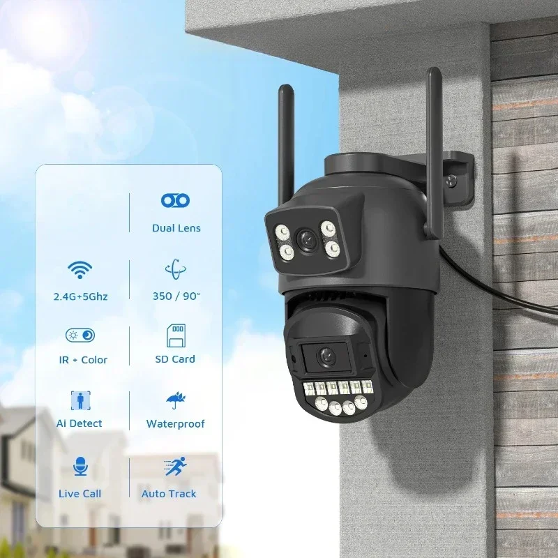 8MP Intercom กล้องวงจรปิด Cam 8MP 5GHz WiFi กล้องเฝ้าระวัง Dual เลนส์ AI Human Detection ความปลอดภัยกลางแจ้ง PTZ IP กล้อง