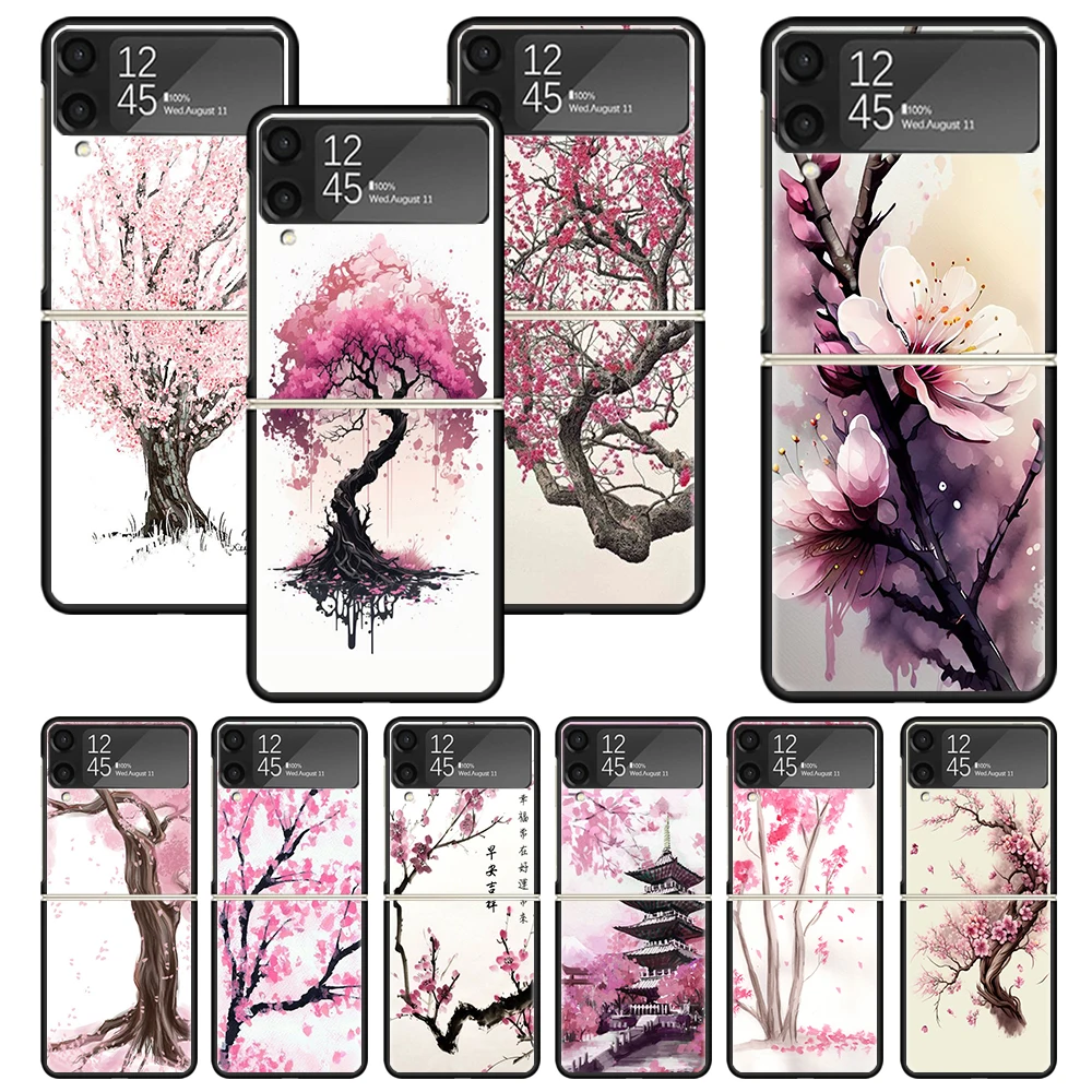 Cherry Blossom Tree Print Case For Samsung Galaxy Z Flip 3 4 5 5G Black Hard Cell Phone Shell ZFlip3 Flip4 Flip5 Pattern Cover