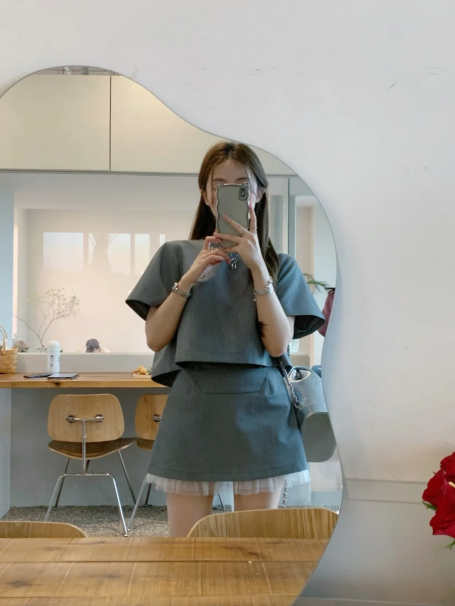 

Милый комплект из топа с кружевной отделкой и юбки с поясом, женский летний наряд из хлопка, для возраста 8-25 лет