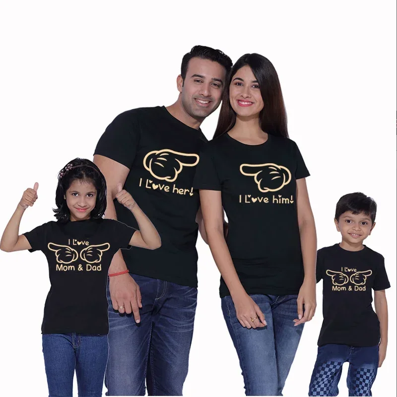 

Love Him, Love Her, Love Dad and Mom T Shirt Family Matching Outfits Mom and Dad and Children T-shirt