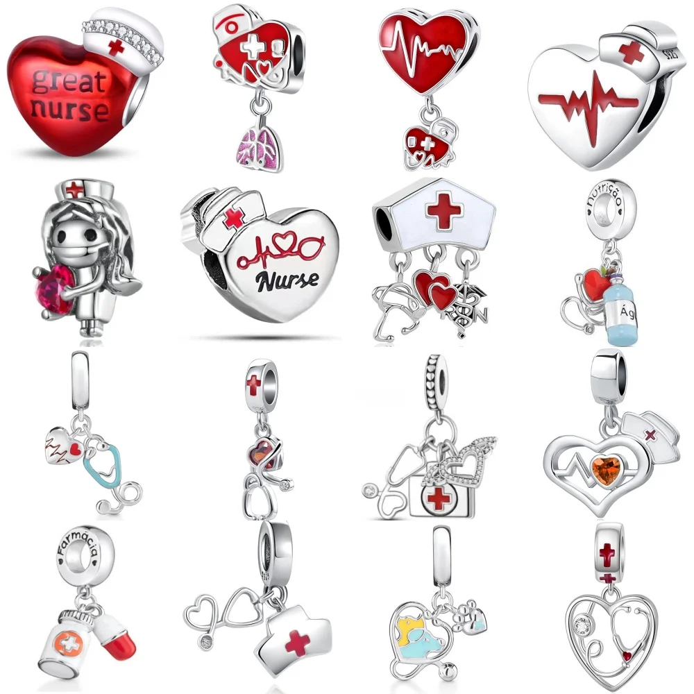 2025 New S925 Silver Nurse Stethoscope Nurse Hat heart Pendant Suitable For Original Bracelets, DIY Accessories, High-end Charm