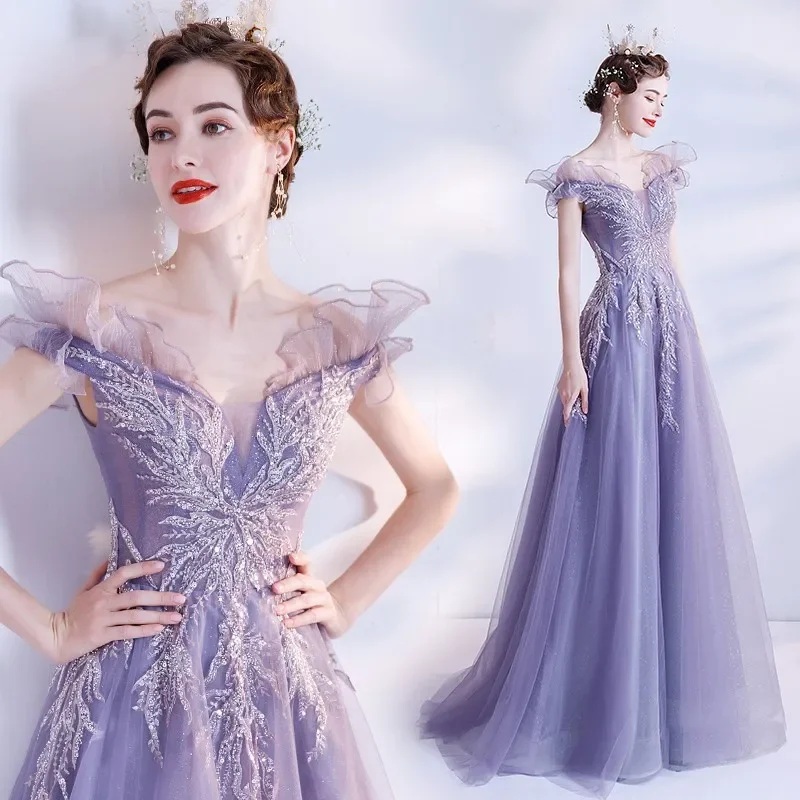 Dream color yarn 2024 summer new purple one-word shoulder bride wedding toast banquet wedding dress