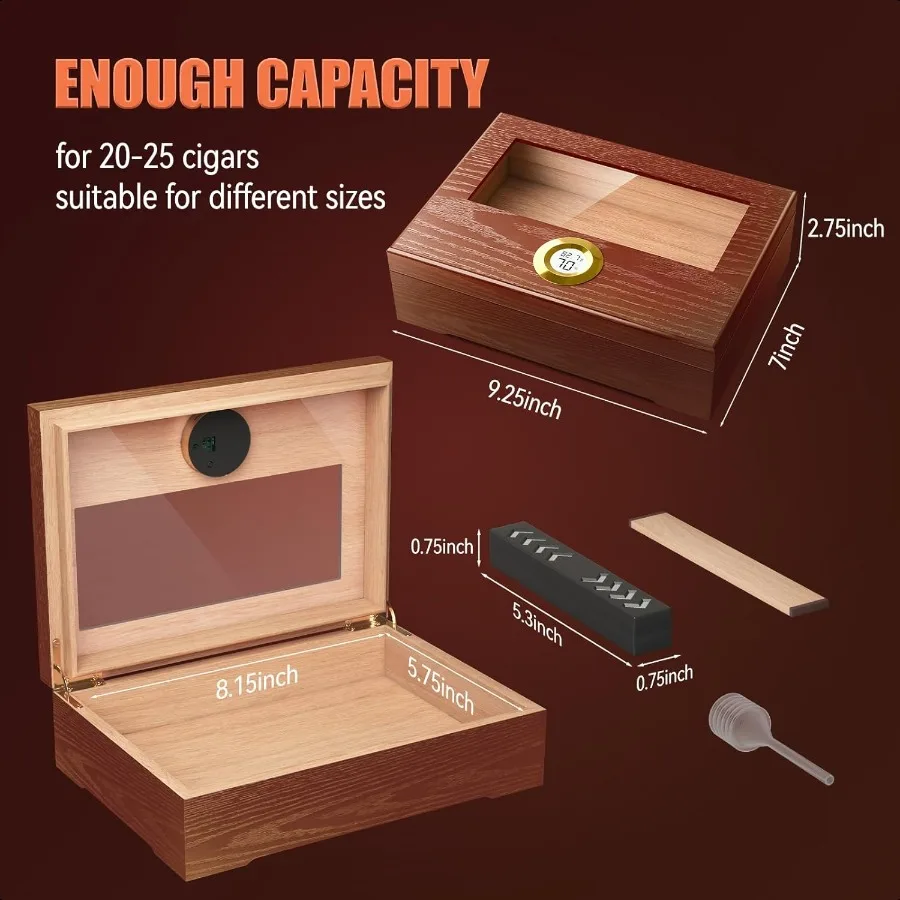 Cigar Humidor Box Cedar Wood Brown Men Desktop Case Gift for Father with Glass Top Digital Hygrometer Humidifier for 2025 Cigar
