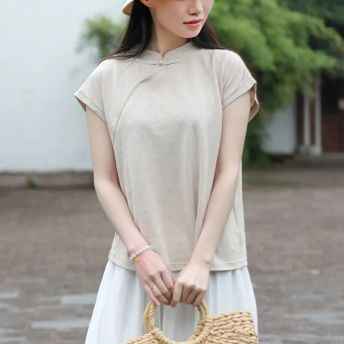 

LZJN-Women's Chinese-Style Stand Collar Short Sleeve Cotton Linen Knit T-shirt, Shoulder Bottom Shirt, Monochromatic