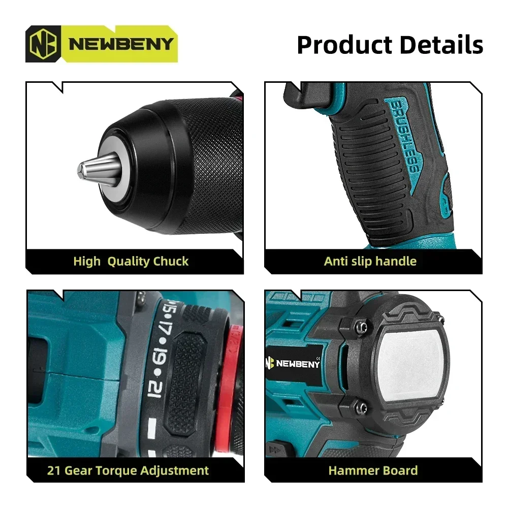 NEWBENY 10mm 21+2 Torque Brushless Electric Impact Drill Cordless Electric Screwdriver DIY Household Tool For Makita 18V Battery