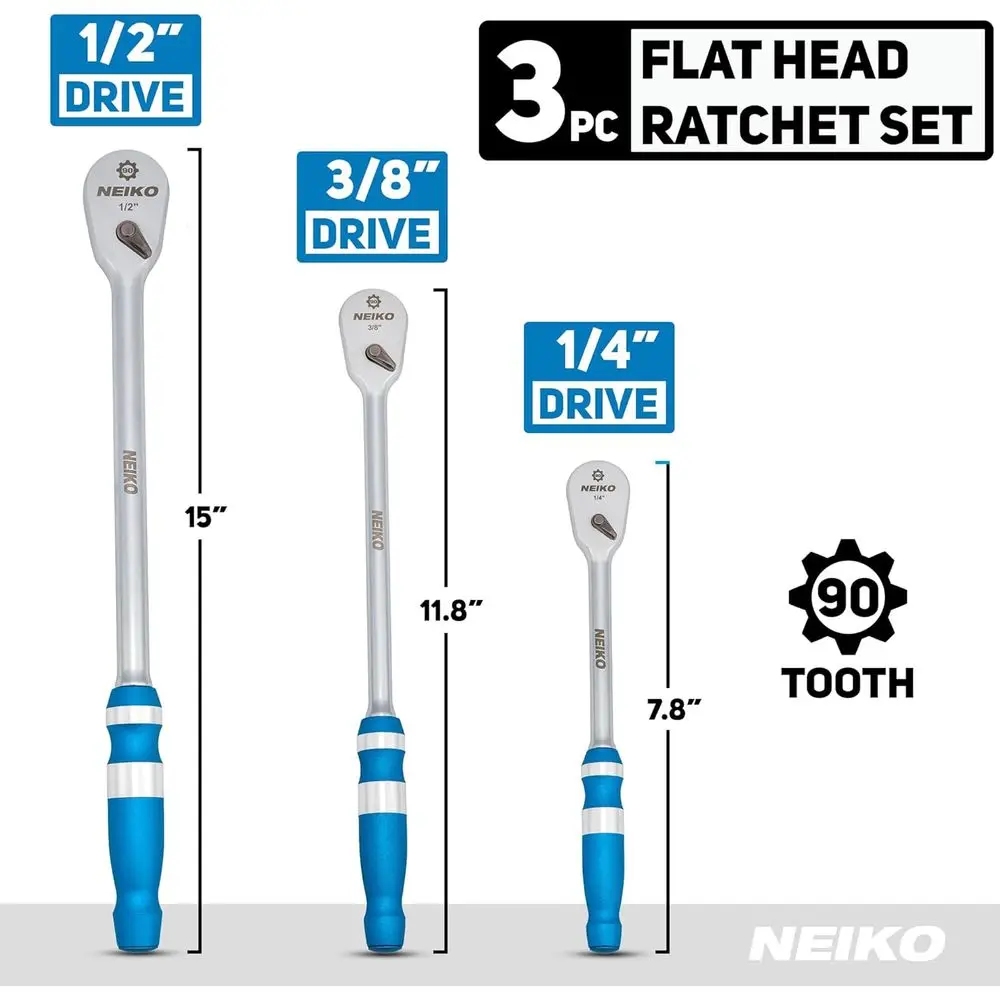 03006A 플랫 헤드 라쳇 세트 - 3피스 로우 프로파일 1/4, 3/8, 1/2 인치 드라이브, 90 톱니, 아노다이징 텍스처드 그립 핸들, 롱 핸들