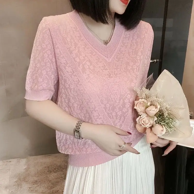 Women Hollow Jacquard Elegant Chic Basic Knitted T-shirt 2024 Summer Fashion Casual V Neck Short Sleeve Loose Tops Ropa De Mujer