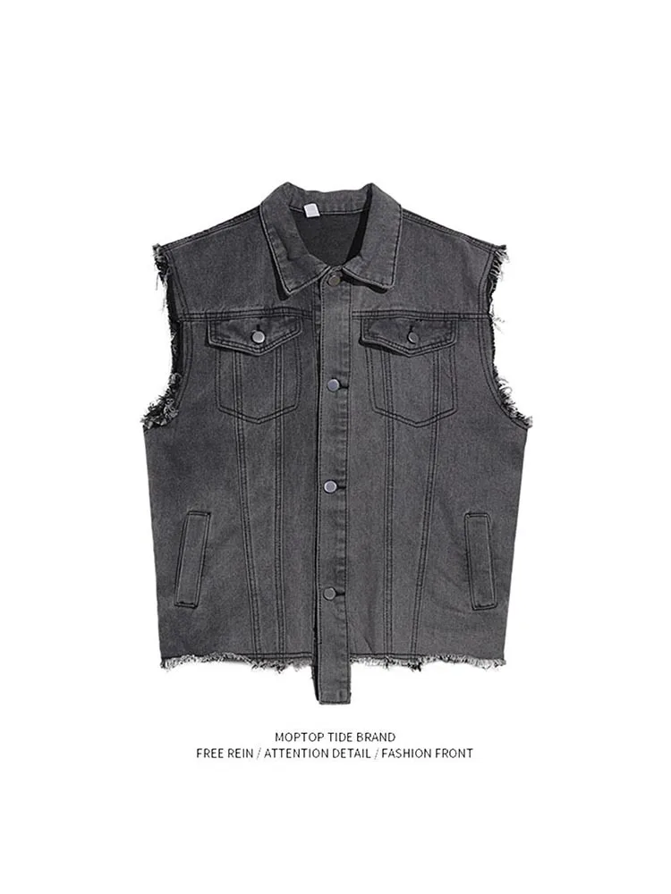

American Retro Denim Vest Loose Men's Faion Korean Sle ing ey Workwear Jaet Trendy Youth Casual All Seasons