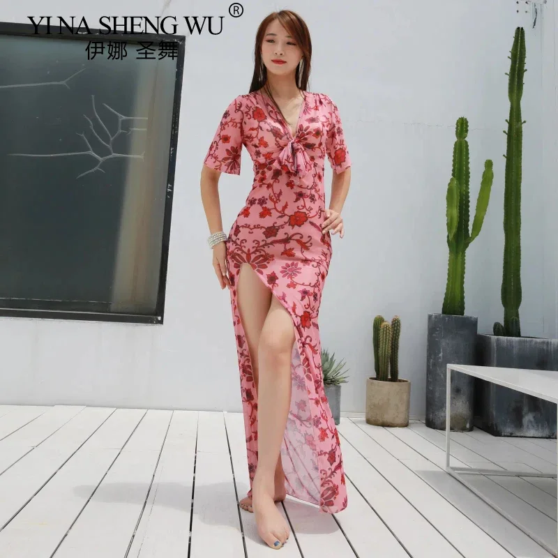 Women Professional Oriental Belly Dance Stage Performance Costume Floral Flower Split Long Dress Practice Dancewear Clothes