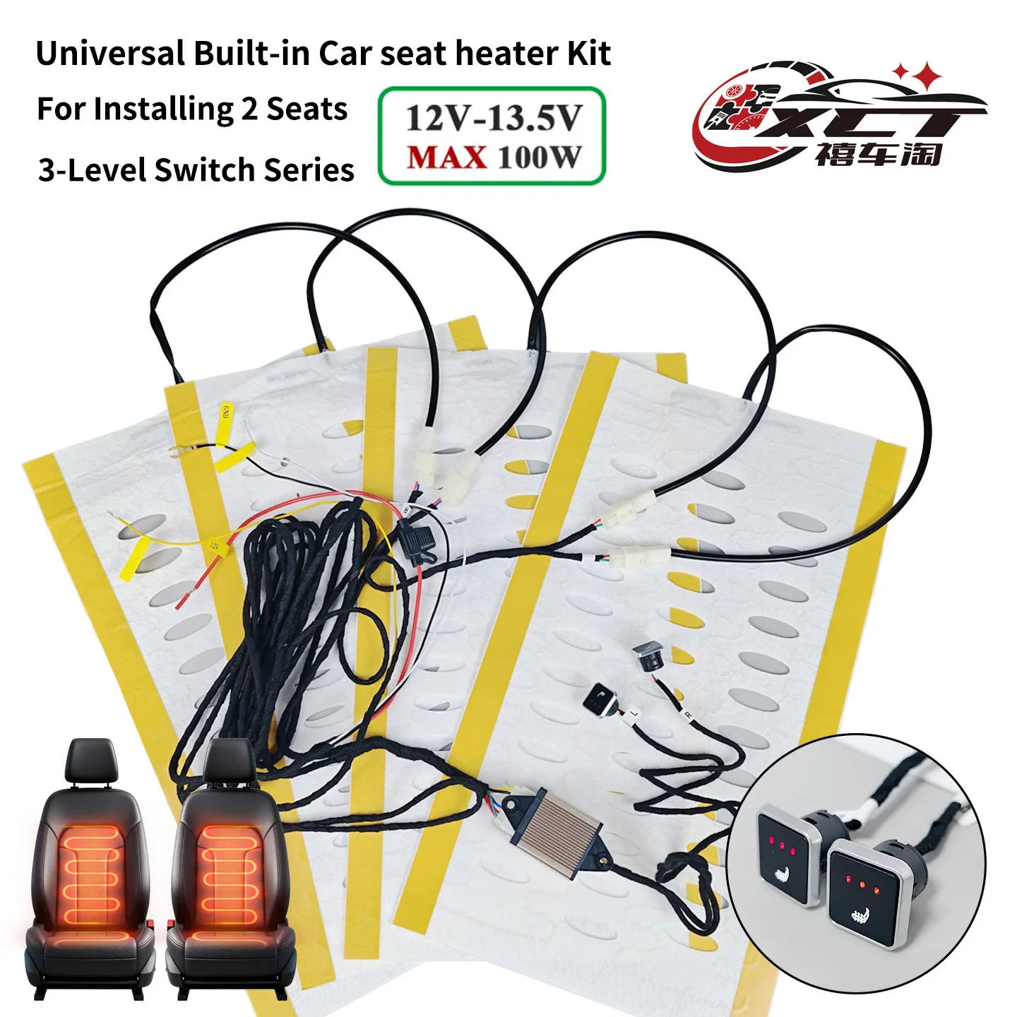 

Universal 12V Car Seat Warmer Kit Built-in 2 Seats Square Dual Control Switch Heater Pad