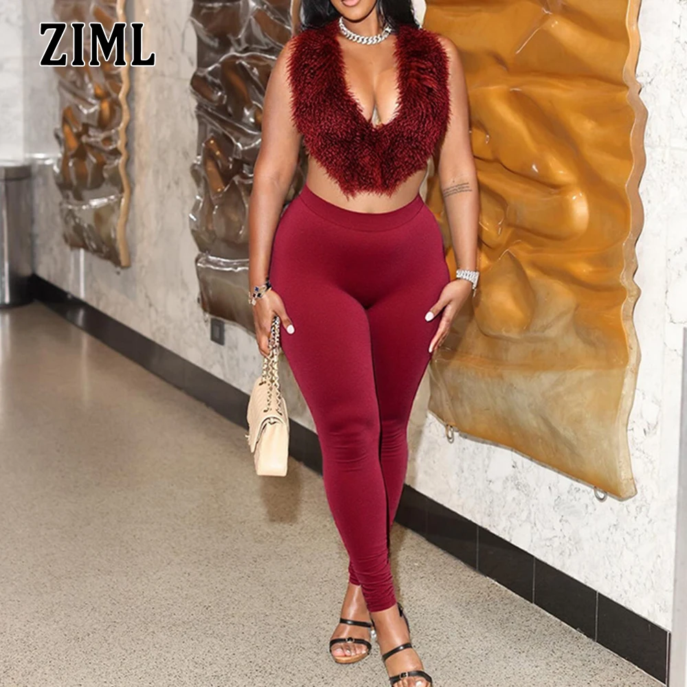 

ZIML Solid Sexy Two Piece Sets for Women Halter Sleeveless Backless Feather Shorts Top High Waist Slim Long Pant Chic Set Female