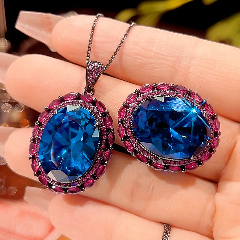 

Vintage Style Oval Blue Gemstone Jewelry with Pink Crystal Accents Adjustable Ring Pendant Necklace for Women Jewelry for Party