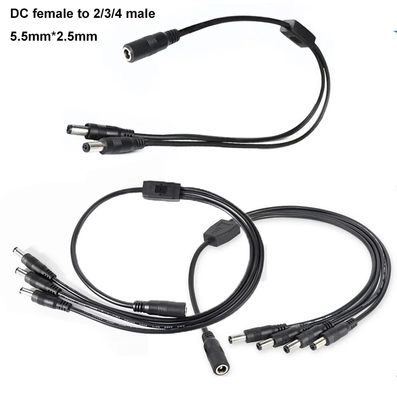 Enchufe divisor macho de 3/4x5,5mm, adaptador de Cable de fuente de alimentación, Cable conector para cámara LED CCTV, 20awg 5A 1 DC hembra a 2/2,5, A07