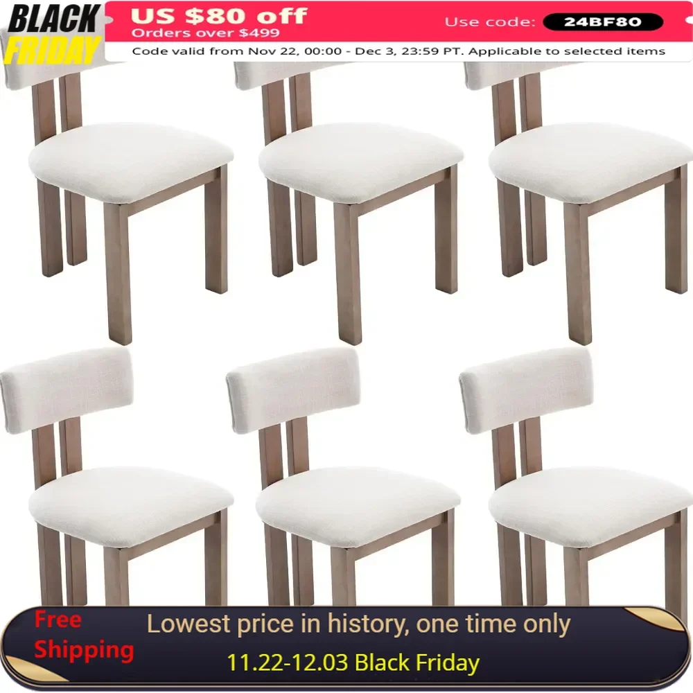 Dining Chair Set of 6 with Sturdy Wood Legs for Family Diner, Curved Backrest Armless Chairs, Fabric Upholstered Dining Chair