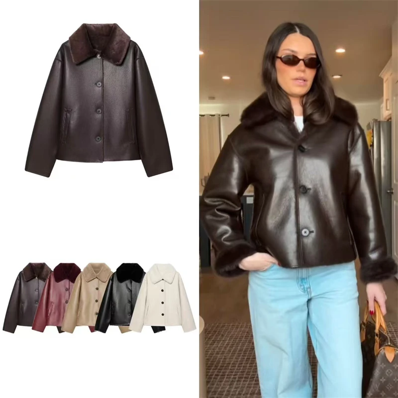 Guobioziy 2026 Fall Women Reversible Wide Lapel Jacket Button Down Short Coat Relaxed Warm Urban Daily Commute Outerwear
