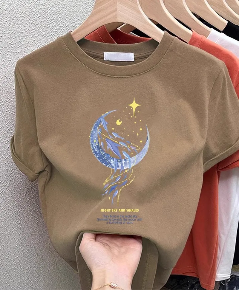 Pure Cotton Short Sleeve T-Shirt Women's Summer Brown Top Fashionable Korean Style Straight Cut Cotton Blend Comfortable Fit