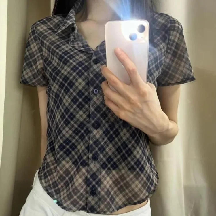 

2024 Summer NewAmerican Vintage Street Laid Shirts Women Slim Fit Blouses Y2k E-Girl Lapel Neck Short Sleeve Blusas Mujer