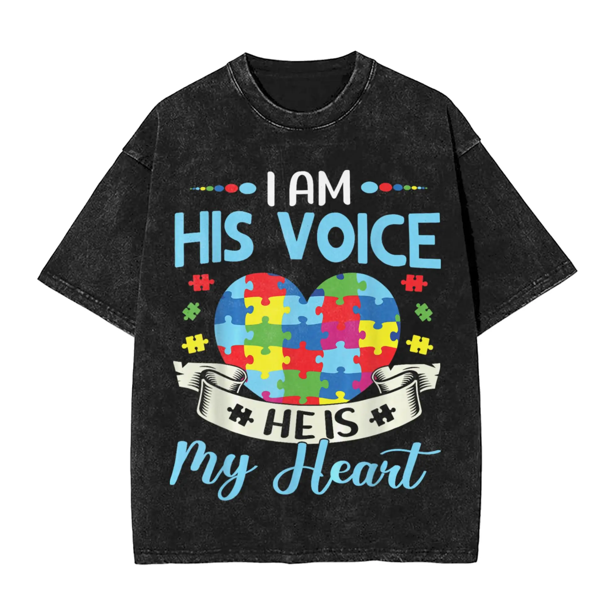 I Am His Voice He is My Heart Autism Awareness Puzzle Piece Washed T Shirts Streetwear T-Shirt Tees Men Women 100% Cotton