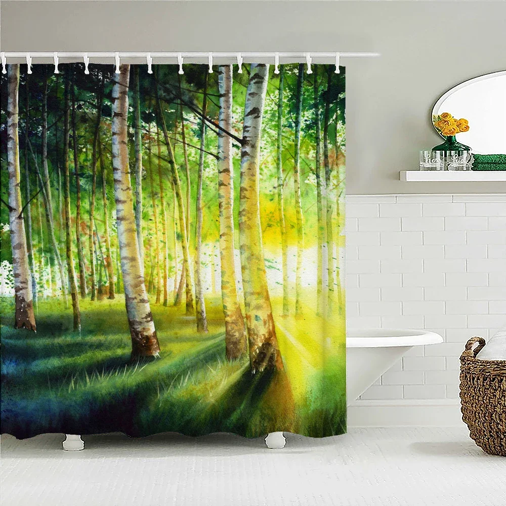 Birch Forest Trees Printed Shower Curtain Waterproof Fabric Oil Painting Landscape Bath Curtains for Bathroom Decor with Hooks