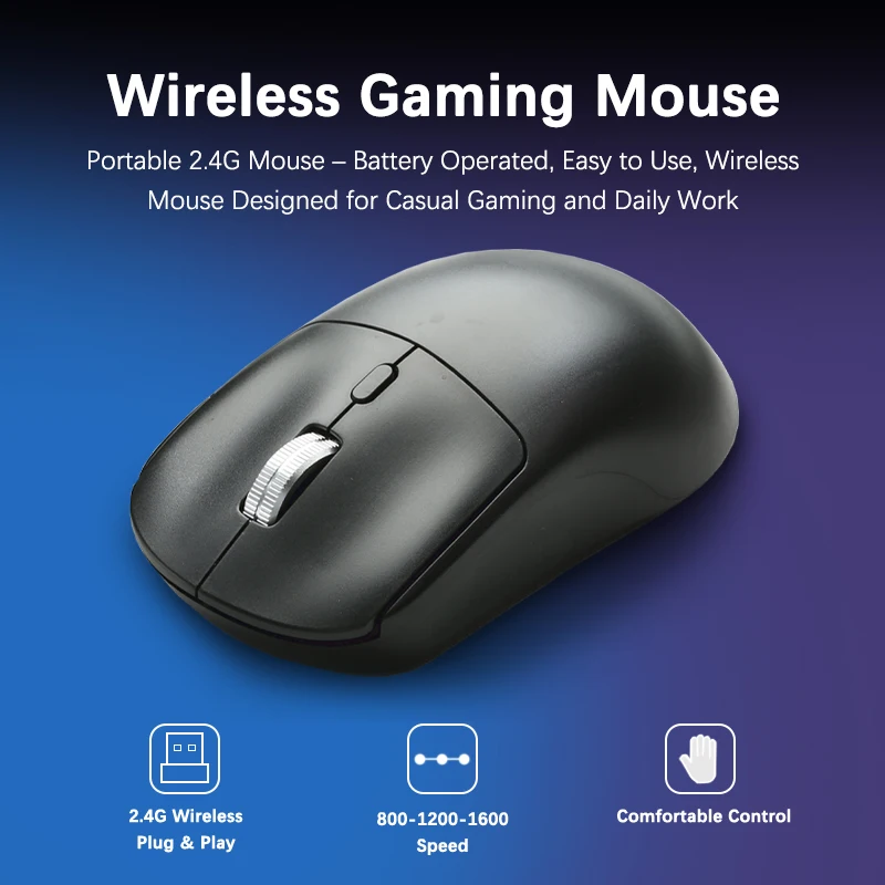 Ergonomic Wireless USB 2.4Ghz Gaming Mouse with Nano Receiver 3 Adjustable DPI Settings 800-1200-1600 for Laptop PC Mac