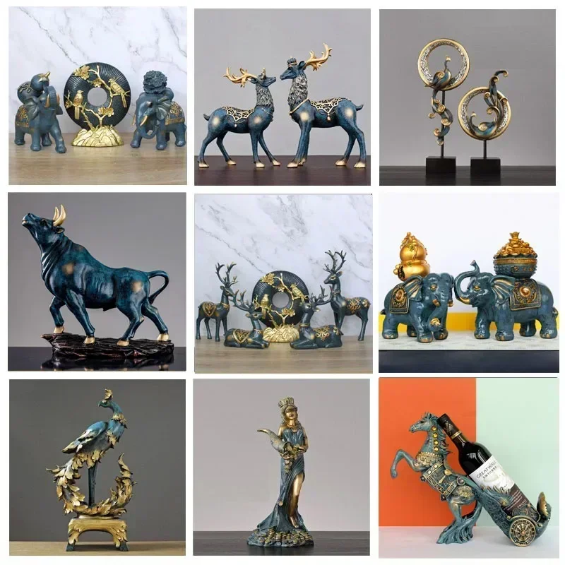 1 pc 2pcs blue resin elephant Statue Ornaments Living room animal deer statue Figurine Wealth Goddess sculpture home decoration