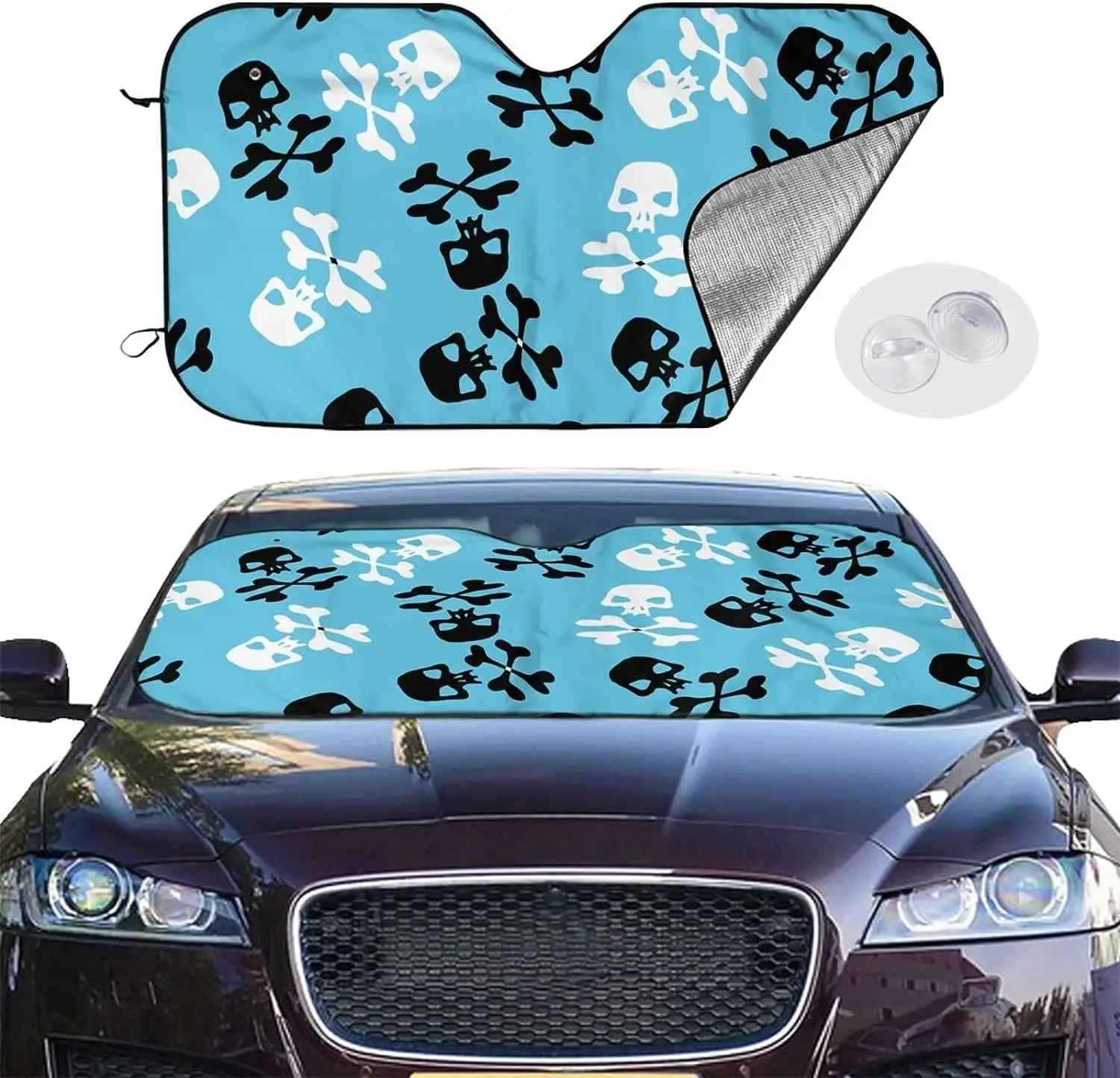 Blue Skulls Bones Pattern Sun Shade Front Window Sunshade for Most Sedans SUV Blocks Max Uv Rays and Keep Your Vehicle Cool