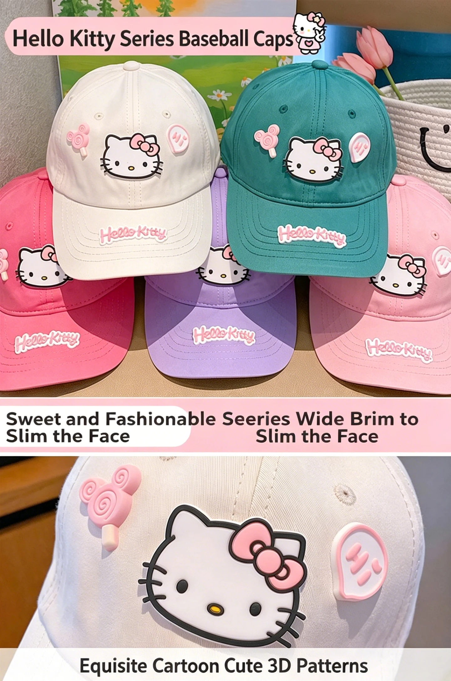 Hello Kitty Baseballkappe für Teenager, Frühling/Sommer 3D Cartoon Sanrio Entenschnabelmütze mit breiter Krempe, Reise-Sonnenhut, Urlaubsgeschenke – Detail 1