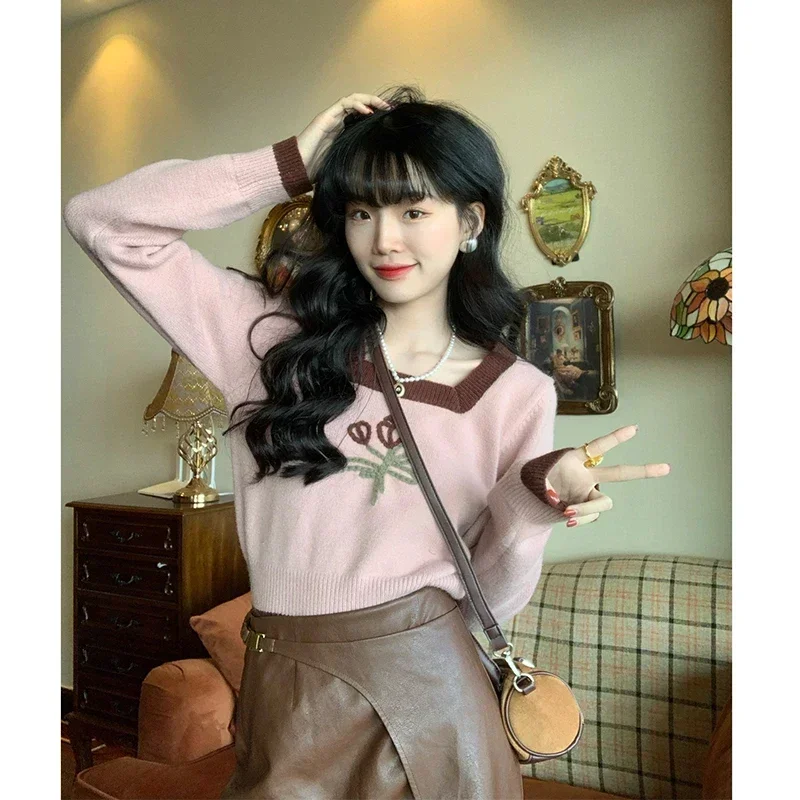 

Autumn Winter New French Casual Pullovers Woman Sweet Ladies Street Knitted Women Pullovers Pink Loose Fashion Pullovers 2025