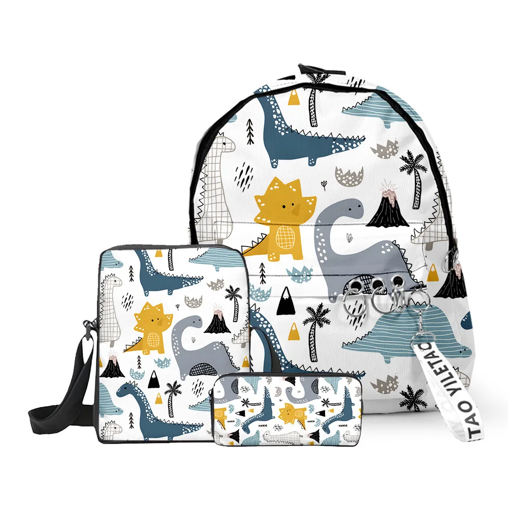 Lusso popolare divertente dinosauro stampa 3D 3 pezzi / set borse da scuola per alunni Oxford portachiavi zaino borsa a tracolla inclinata astuccio