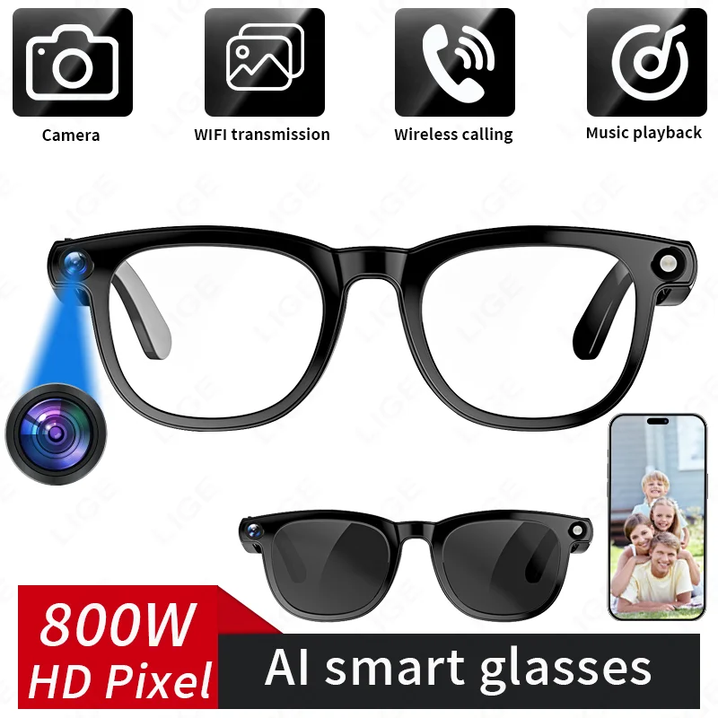 

LIGE 8MP камера AI перевод умные очки 1080P видеозапись Bluetooth вызов голосовой помощник 270 мАч аккумулятор солнцезащитные очки подарок