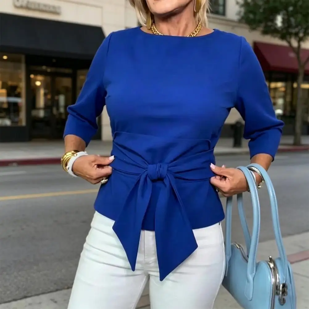 

Milk Silk Fabric Women Blous Slim Fit Waist Three-Quarter Sleeve Gathered Cuff Blouse Half Sleeve Shirt Detailed Cuff Design Top