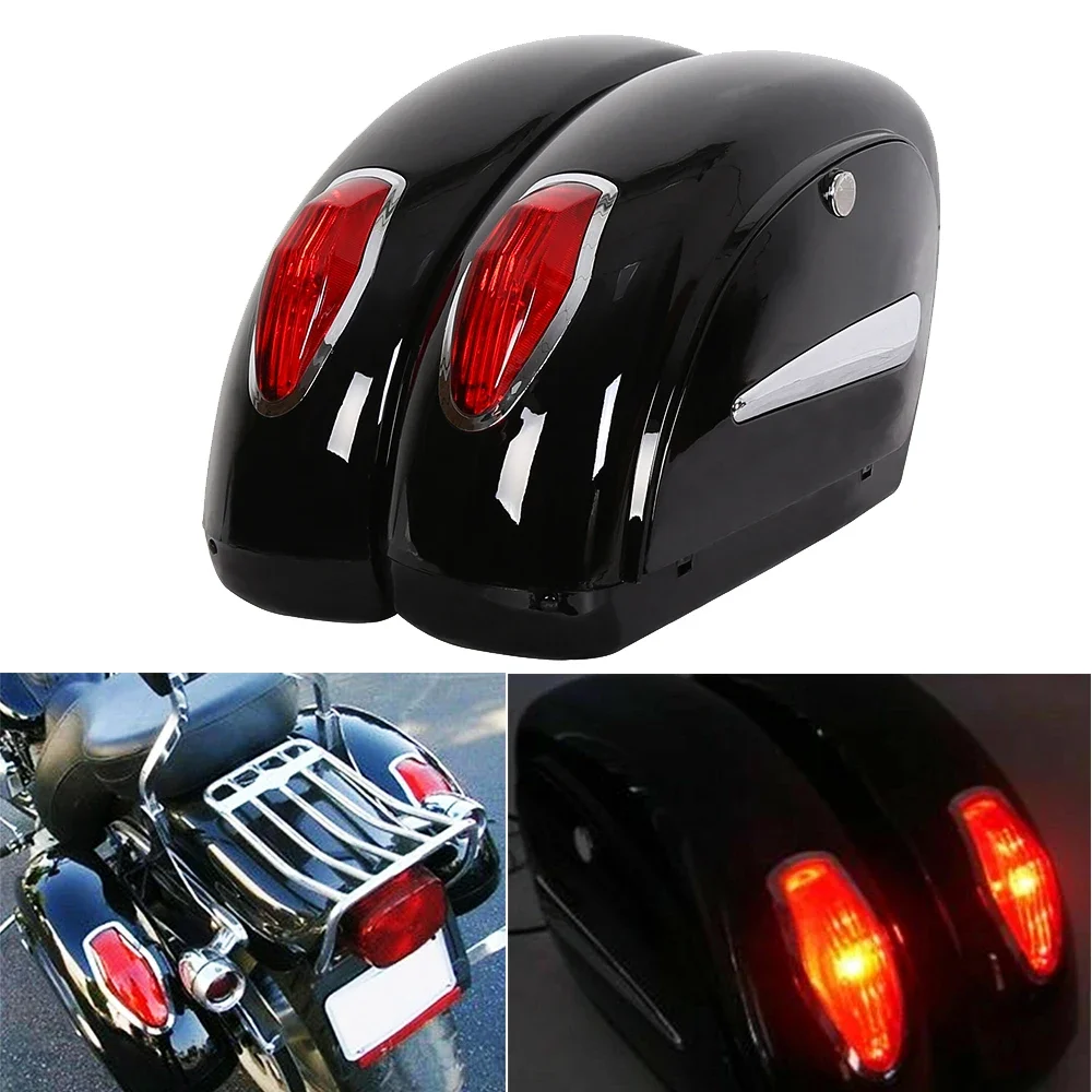 Universal Motorcycle Saddlebag Saddle Bags Side Luggage Bag w/ Retro Red Light For Harley Honda Yamaha Suzuki Touring Chopper