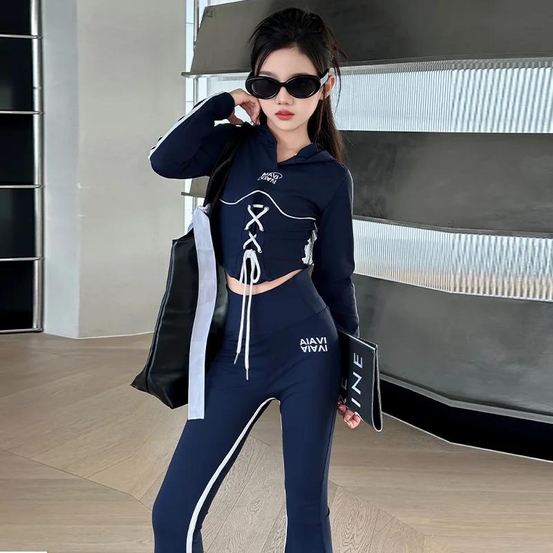 Girl\' Sports Set Autumn Contrast Colors Patchwork Stripe Pants Slim Suit Kids Clothing Suit Casual Child\'s Hoodies Shirt Outfits