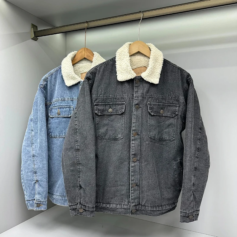 

Retro Waed Thiened Fce Lined Lamb Velvet Warm Denim Cotton Jaet Coat for Men Youth Casual Winter Long Sve Single ...