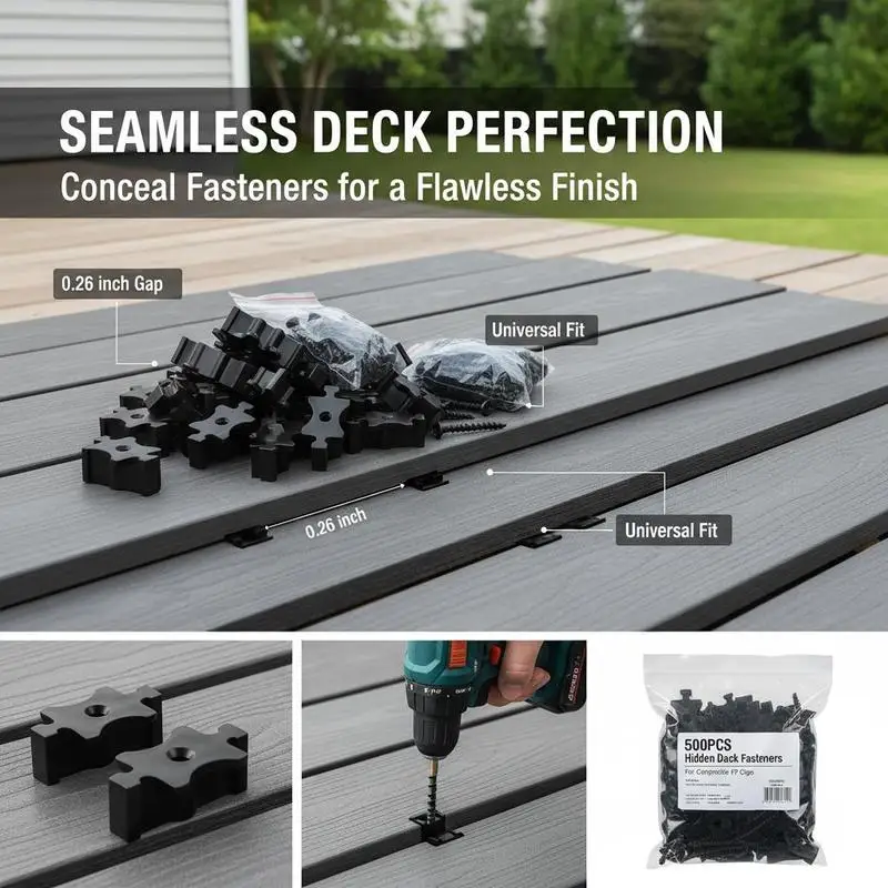 

Universal Composite Decking Connectors 500PCS For Terrace Balcony Patio, Plastic T Clips Metal Screws 0.26 inch Gaps Polypropylene PP Fastening System Black