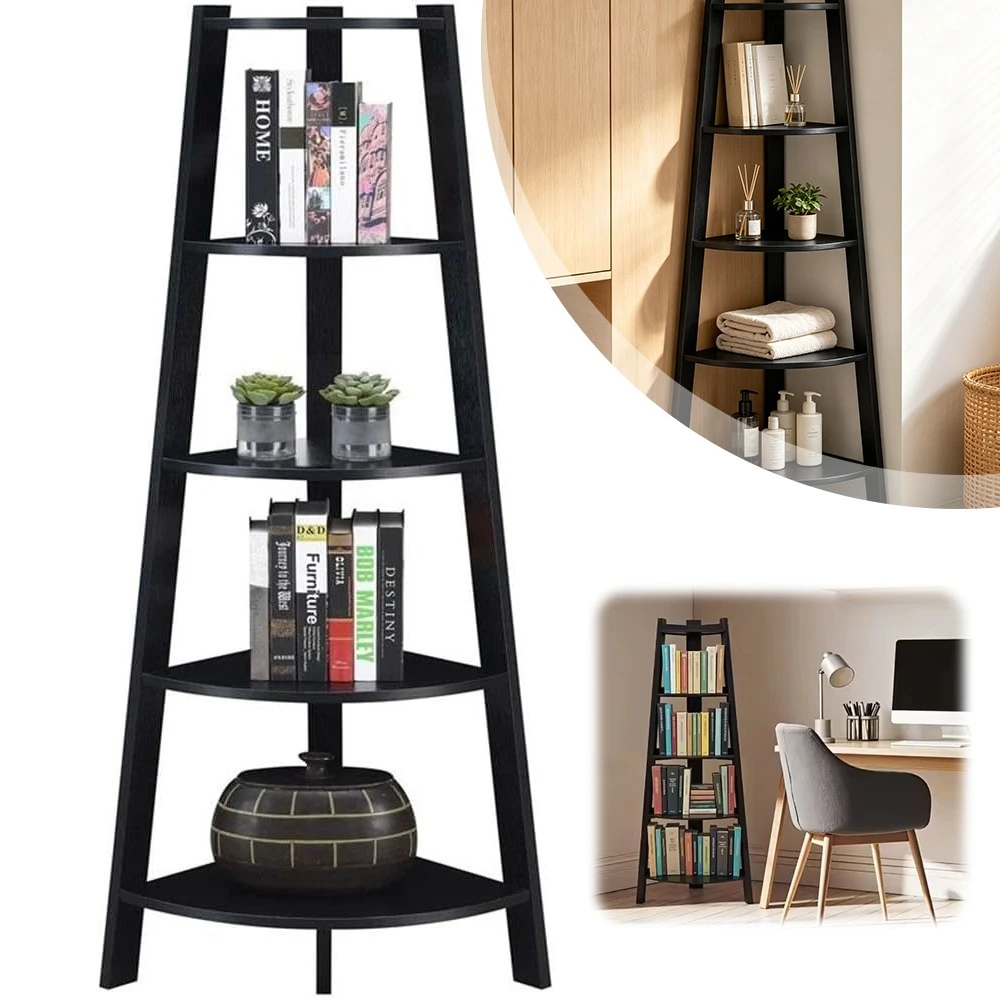 Libreria angolare, libreria moderna a 5 ripiani, scaffale a forma di scala, libreria angolare salvaspazio, libreria per soggiorno, bagno.