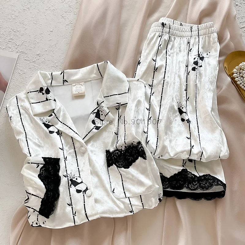 

Panda Print Pajamas Suit Warm Autumn Velour Sleepwear Long Sleeve Loungewear Women's Home Suit Sexy Lace Trim Pyjamas Nightwear