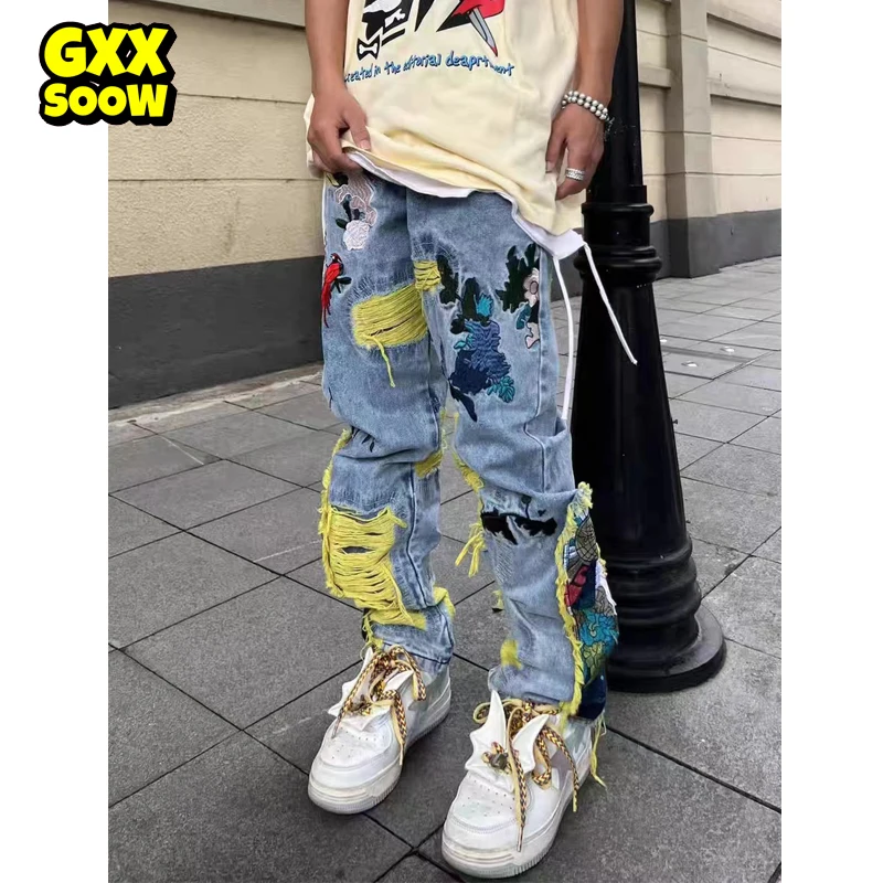 

Ripped Jeans Men Ripped Denim Pants 2023 Streetwear Harajuku Floral Embroidery Hip Hop Pants Jogger Retro Denim Jeans Trousers